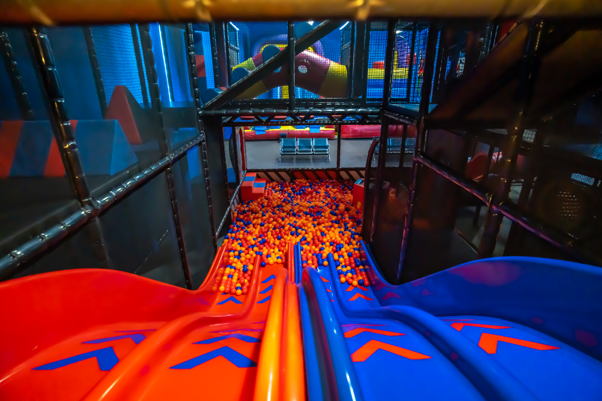 Slides into the ball pit